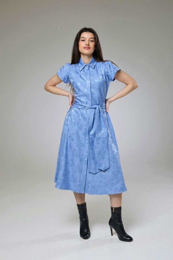 Isha's Timeless collection Sky Blue Petals Short Sleeve Shirt Dress