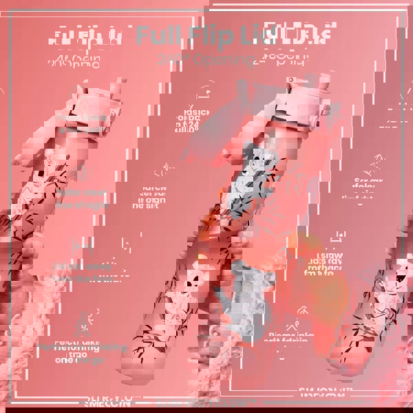 A pink water bottle, featuring koalas, is held; its lid flips open 240 degrees. The bottle is designed for convenient, on-the-go drinking. SLIM RECYCLON™ is indicated.