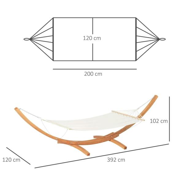 White hammock swing on wooden stand with measurement lines and dimensions