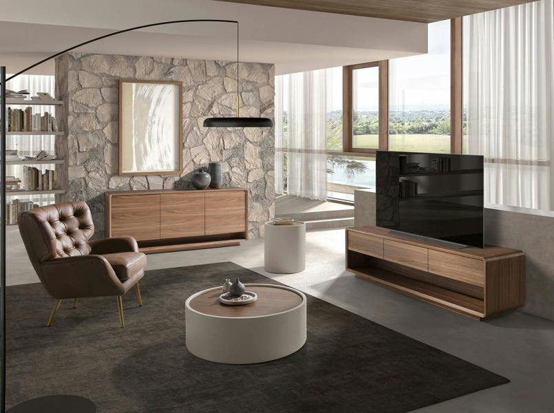 Angel Cerdá Round coffee table in walnut and wood upholstered in sand-coloured leatherette 2164
