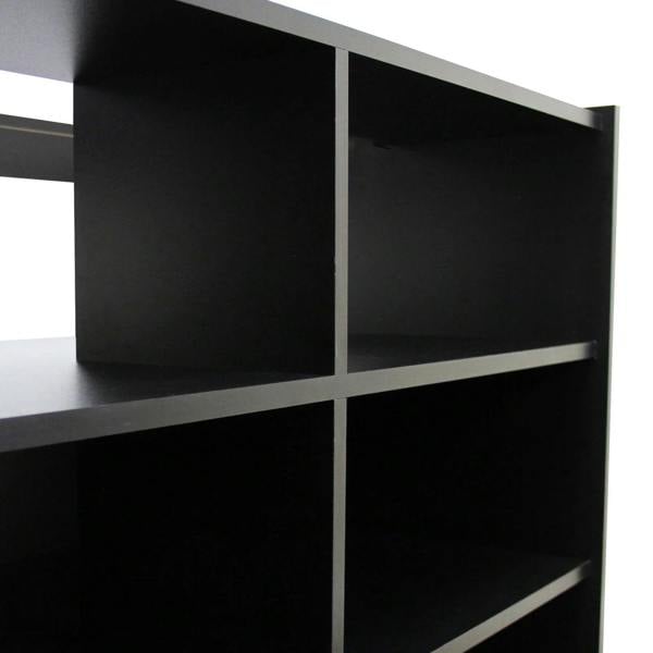 B1200 retail shop counter in sleek black finish featuring open shelving and a modern design, ideal for displaying products