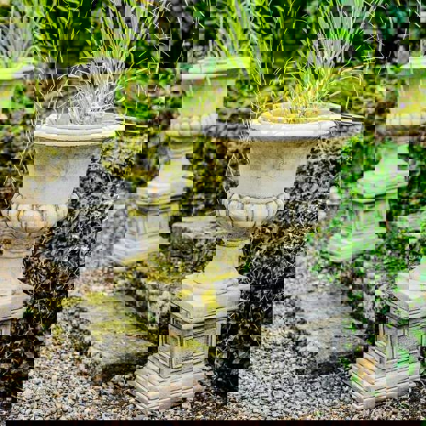 Pair of Classic Stone Garden Urns with Columns