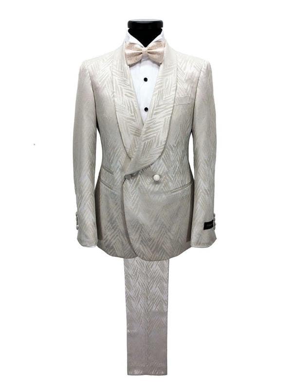 Chevron champagne shawl lapel double breasted suit - Pamoni