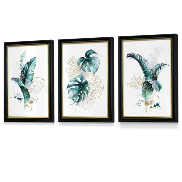 Artze Wall Art Teal Blue and Gold Botanical Set of 3 Floral Framed Prints