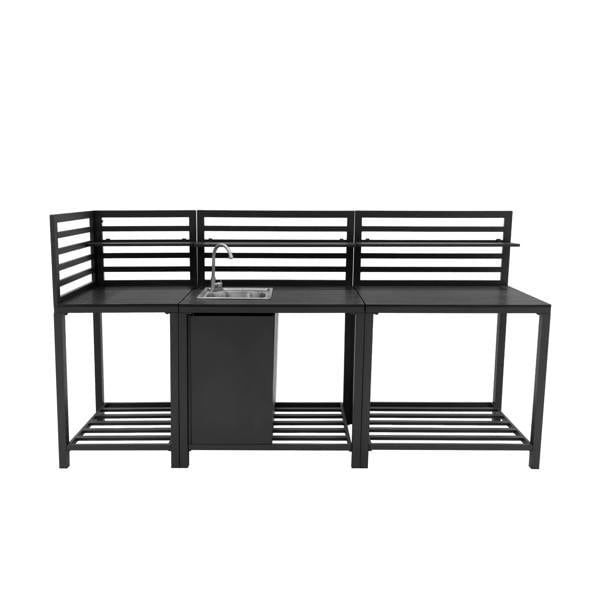 Sleek black aluminum outdoor kitchen set with three pieces, featuring open shelving, a built-in sink, and modern slatted design