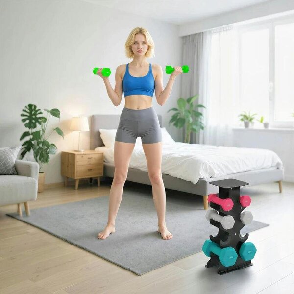 Hex Dumbbells Set with Dumbbell Rack, Hand Weights for Home Gym Strength Training, 2 x 1kg, 2 x 2kg, 2 x 3kg, 2 x 4kg