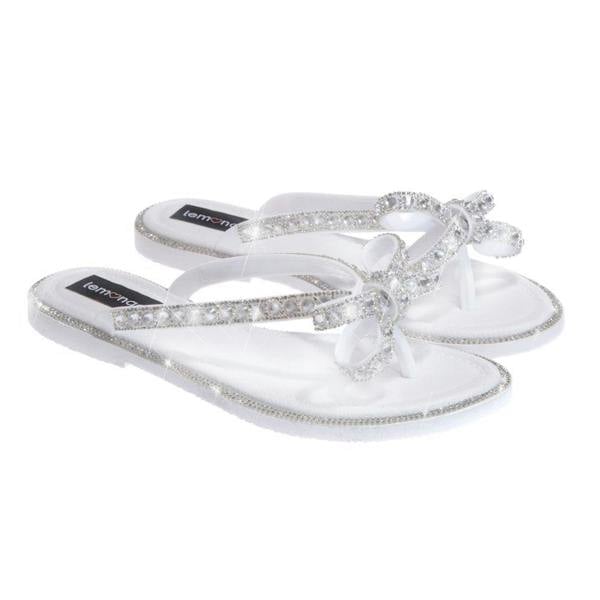 Crystal Glamour Bow Flip Flops Limited Edition White, featuring toe-Posts