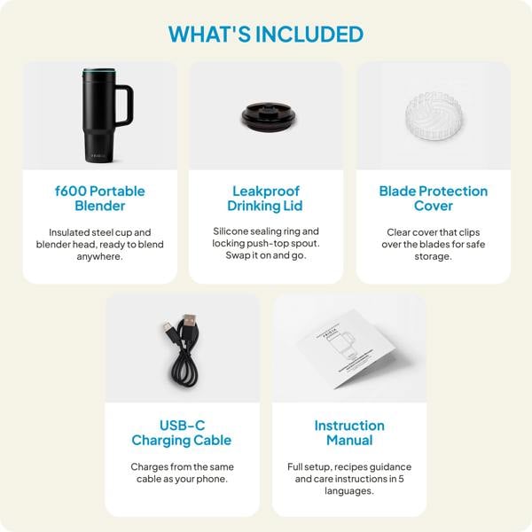What’s included: Fridja f600 Stainless Steel Portable Blender with ice-crushing capabilities, insulated stainless steel body, leakproof drinking lid, blade protection cover, USB-C charging cable, and instruction manual. Each component is pictured with a brief description underneath.
