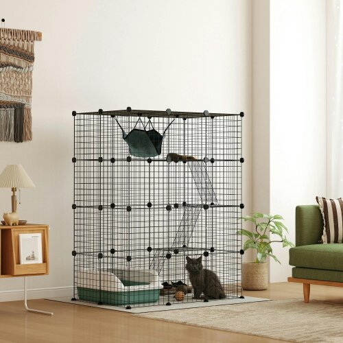 PawHut Four-Tier Indoor Cat Cage, DIY Cat Playpen with Hammock, Ramps