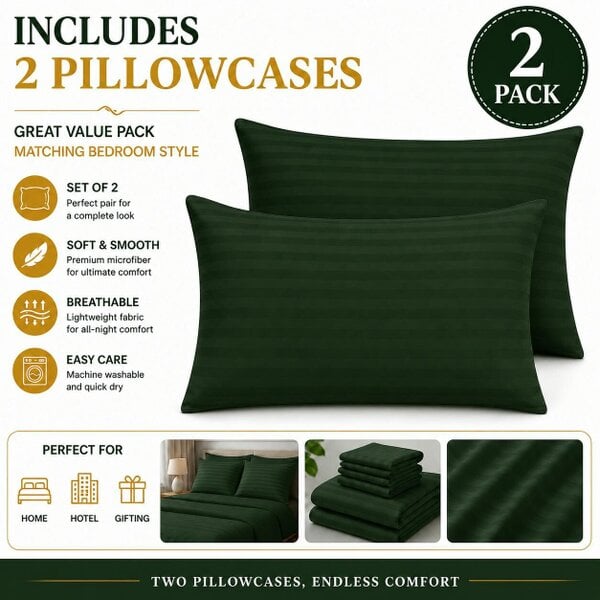 Night Zone Microfibre Stripe Pillowcase Set of 2 – Soft Hotel Style Bed Linen - Green