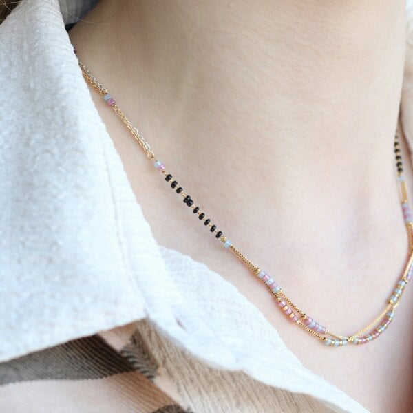 The Colourful Aura Two Layer Gold Pink Grey Seed Bead Indian Traditional Mangalsutra Necklace