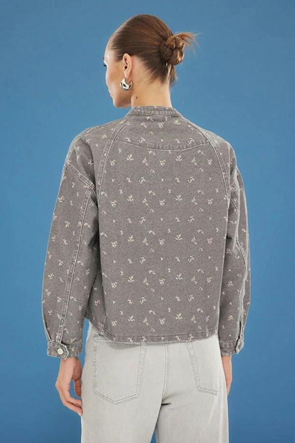 WOVCOR Floral Pattern Denim Bomber Jacket