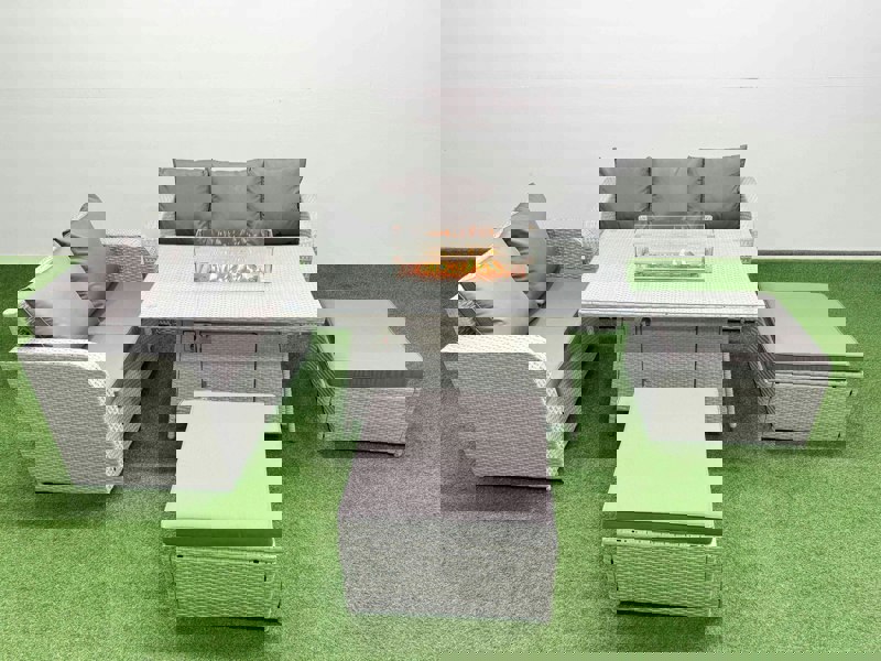 Fimous 7 Seater PE Rattan Wicker Garden Furniture Patio Conservatory Sofa Set with Fire Pit Dining Table 3 Seater Sofa Love Sofa 2 Big Footstool