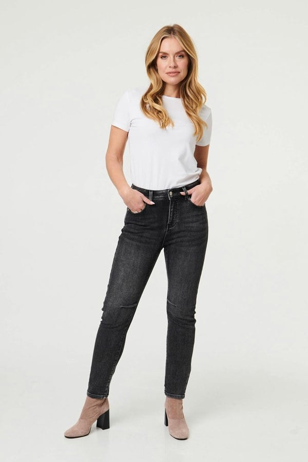 Black | High Waist Washed Texture Slim Jeans
