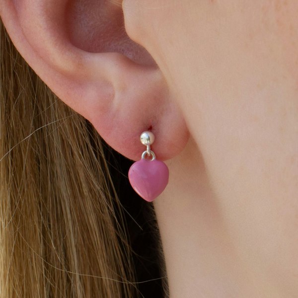 Sterling Silver Pink Enamelled Heart Earrings - MYLEE London