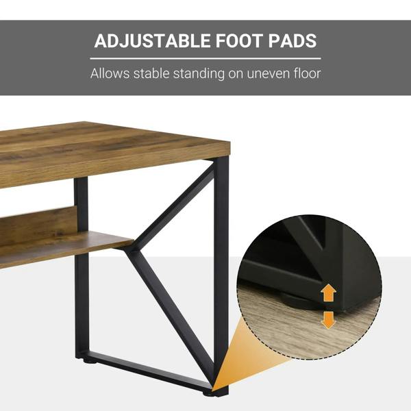 Brown wood-effect desk with adjustable foot pads and black metal frame