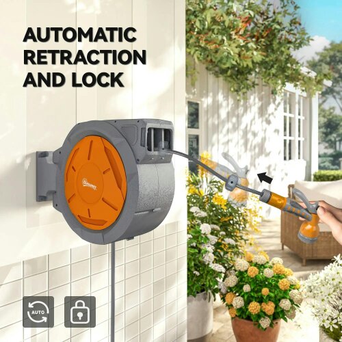 Bobobiy Retractable Hose Reel Wall Mounted, 30+2m Garden Hose Pipe Reel with Lock, 7 in 1 Spray Nozzle, 180° Swivel, 59 x 23 x 42 cm, Orange