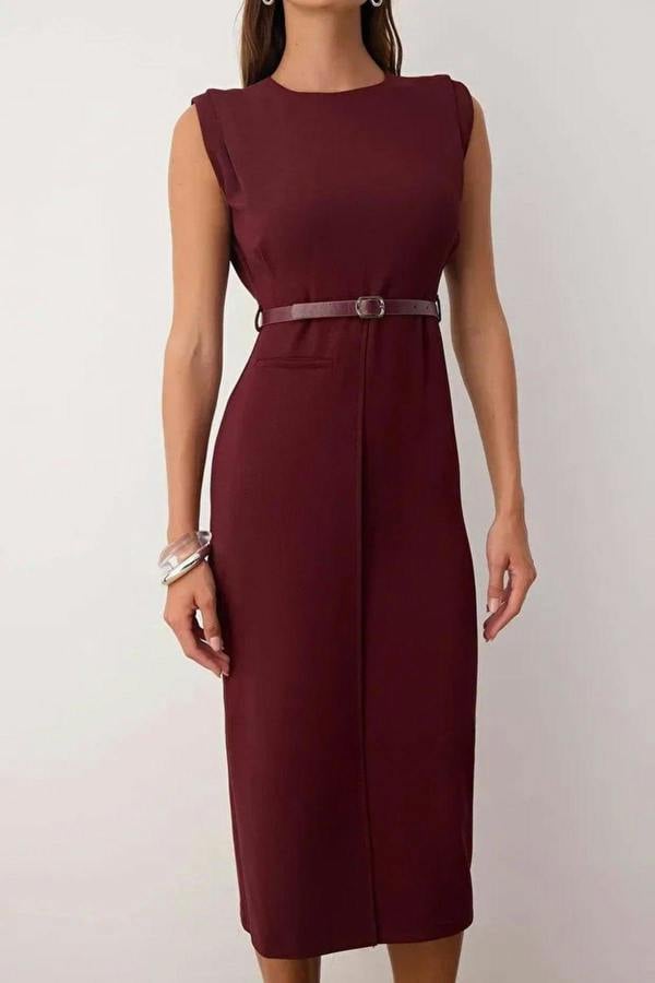 WOVCOR Belt Detailed Woven Midi Dress