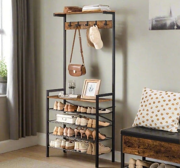 Modcraft Entryway Coat Rack Stand with Shoe Storage Shelves – Industrial Hallway Organiser