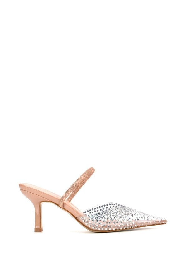 XY LONDON Clear Perspex Diamante Stiletto Heel Slingback Court Shoes - Natural