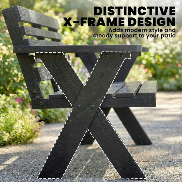2 Seater Wooden Garden Bench, Slatted Patio Bench with Armrest and Backrest, Black