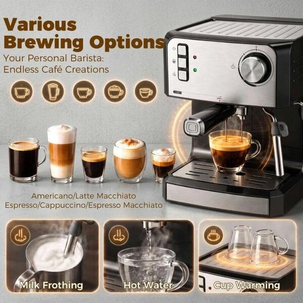 Espresso Machine, 20-Bar Semi Automatic Cappuccino Coffee Maker with Frother Wand, 1.6 L Water Tank, Black
