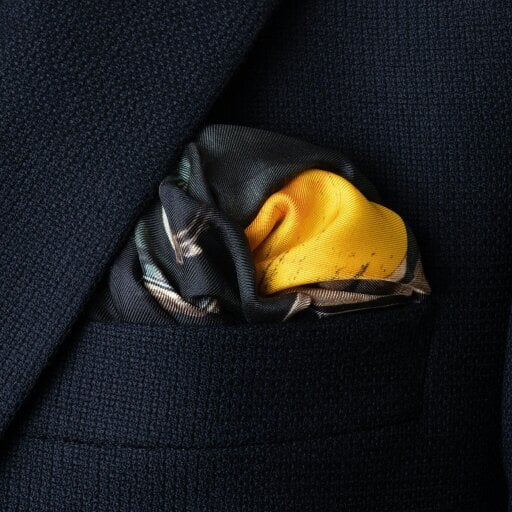 Otway & Orford 'Muscle Car' silk pocket square in green & orange (42 x 42cm)