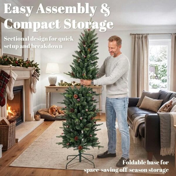 Bobobiy Slim Gracious Pine Xmas Tree, 6ft/180cm Artificial Christmas Tree with 688 Branch Tips, Foldable Steel Stand, Green