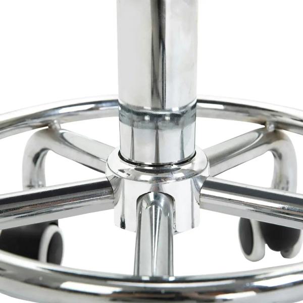 Close-up of chrome stool base with gas-lift post and curved support ring