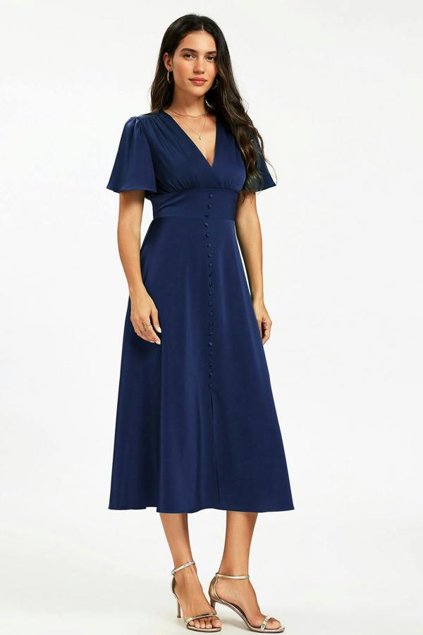 FS Collection Satin V neckline Button Detail Dress In Navy