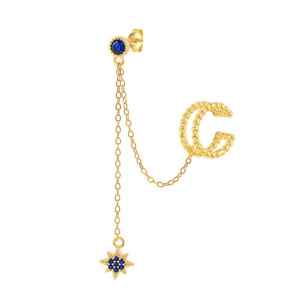 Gold Trip Blue Star Chandelier Single Earring & Ear Cuff