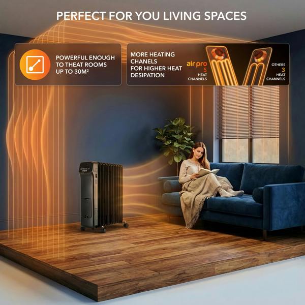 AIR PRO Oil-Filled Electric Radiator 2500W with Thermostat, 9 Hour Timer