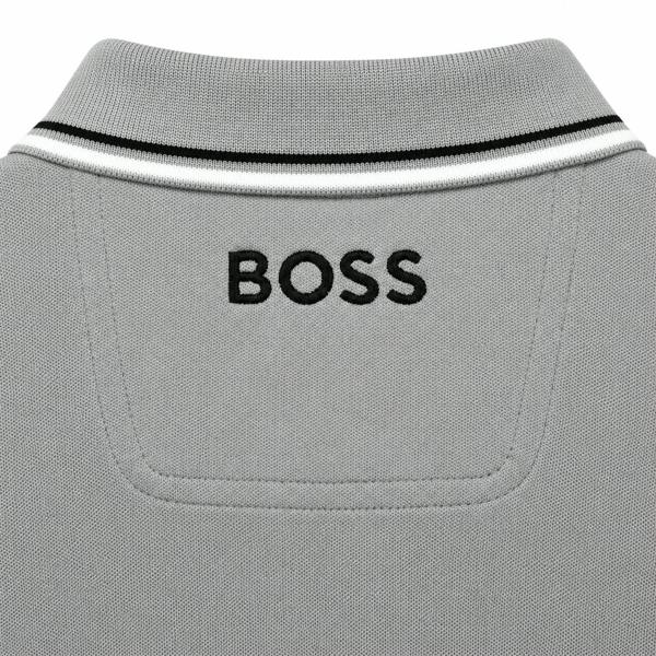 Medium grey BOSS Paddy Pro polo shirt with a black embroidered logo and black and white striped collar trim.