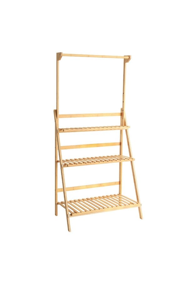 Living and Home 3-Tier Foldable Wooden Ladder Shelf with Hanging Rod