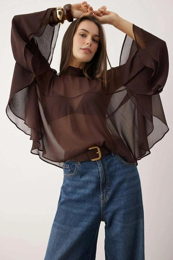 WOVCOR Unlined Boho Woven Blouse with Ruffles