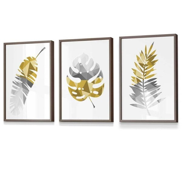 Set of 3 Geometric Yellow Grey Tropical Leaves Wall Art Framed / Prints | Artze Wall Art UK