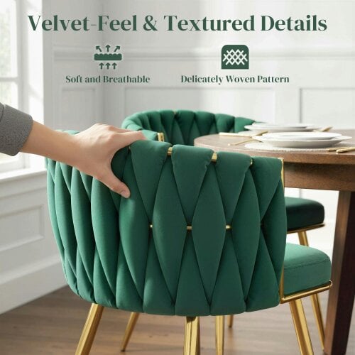 Wyld Haus Sosura Set Of 2 Dark Green Velvet Upholstered Dining Chairs With Woven Backrest