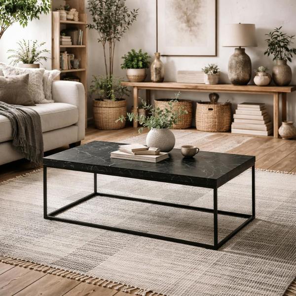 Wyld Haus Hazelmere Black Marble Marquina Coffee Table Black Metal Legs