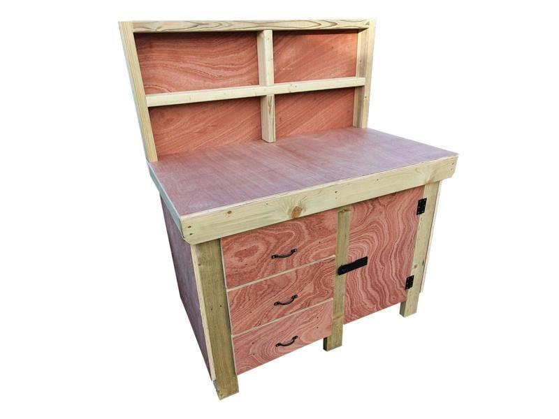 Arbor Garden Solutions Wooden Eucalyptus hardwood top workbench, cabinet with lockable cupboard (V.3) with back and double shelf