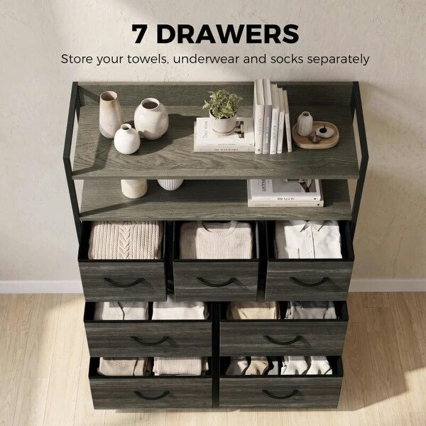Chest of Drawers, Bedroom Fabric Dresser with 7 Drawers, Storage Organiser Unit with Open Shelves, Grey Wood-Effect