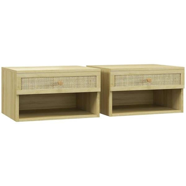 Set of two natural wood-effect floating bedside tables with rattan-front drawers