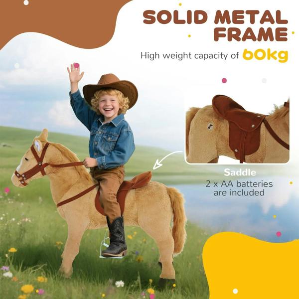 Beige plush ride-on horse toy with brown saddle and reins, side view with child