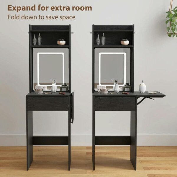 Small Vanity Desk with Mirror and LED Lights, Compact Dressing Table with Drop Leaf, Open Shelves and Drawer, Black