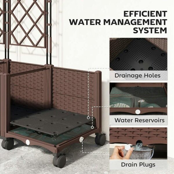 Plastic Raised Planter with Trellis, Self Watering Raised Bed for Garden with Wheels, Drainage Holes, Brown