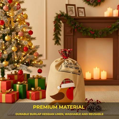 5cm Robin Christmas Hessian Santa Sack with Printed Festive Pattern, Reusable Gift Storage Bag image 5