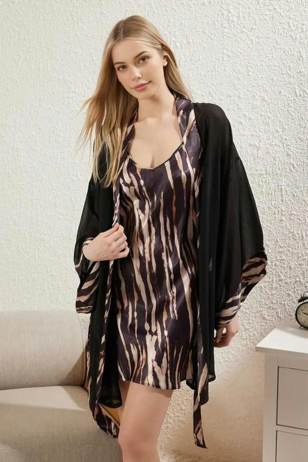 WOVCOR 2-Piece Set Leopard Print Woven Belted Tulle Robe Satin Nightdress