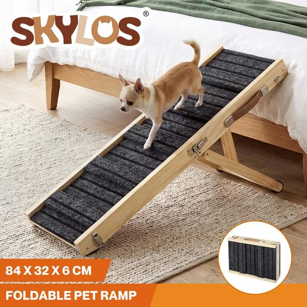 Skylos Dog Ramp Adjustable Folding 4 Heights Non Slip for Small Pets Natural