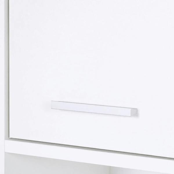 White bathroom storage cabinet door with horizontal pull handle and lower shelf section.