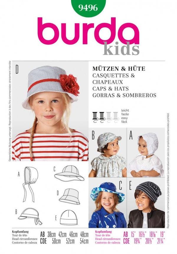 Burda Sewing Pattern 9496 Headwear For Kids and Babies, 15 inch-21.25 inch - Easy