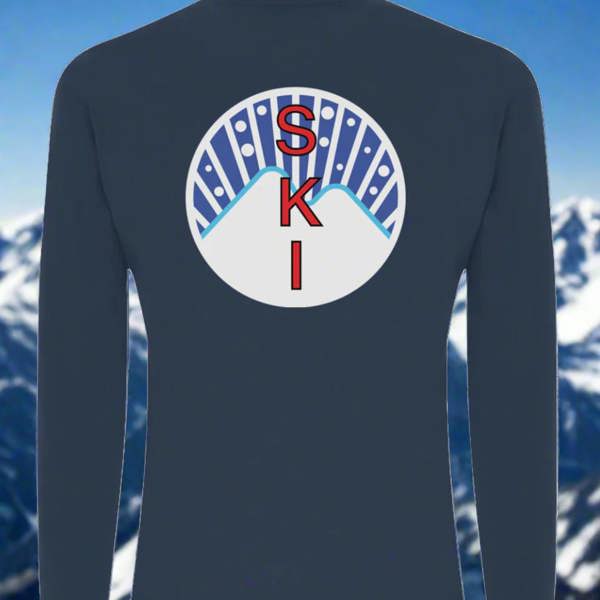 SKI Long Sleeve T-shirt in faded navy blue (orange skier on front)